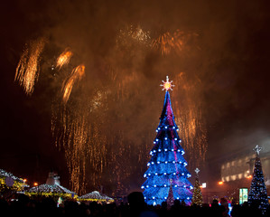 Beautiful Christmas tree and fireworks in Kharkov, Ukraine