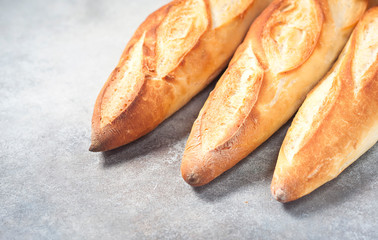 Fresh homemade crispy baguette in an eco bag. eco style no plastic. Copy space.