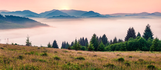 Nebeliges Morgenpanorama des Bergtals. Wenige Minuten vor Sonnenaufgang in den Karpaten, Dorf Rika, Transkarpatien, Ukraine, Europa. Schönheit des Naturkonzepthintergrundes.