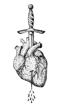 The human heart is pierced with a dagger. Hand drawn vector illustration. Realistic sketch. Engraved style. Tattoo print.
