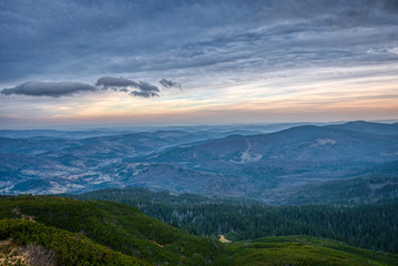 view with mountains to the neighborhood with cloudy weather, poland slovakia, babia gora mountain