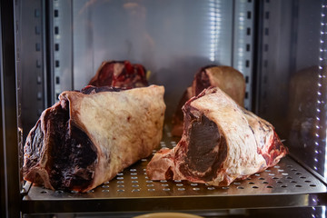 Marbled beef dry aging lies in the refrigerator