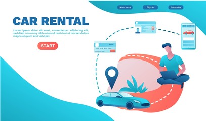 Rental service landing page, carsharing, businessman order ride, rental service template, car share mobile app, transport sharing concept, flat vector, turquoise, red color, ui design