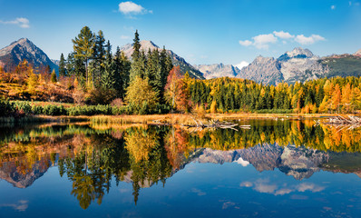 Majestic autumn view of Strbske pleso lake. Spectacular morning scene of High Tatra National Park, Slovakia, Europe. Beauty of nature concept background. - obrazy, fototapety, plakaty