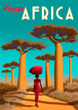 Africa travel poster with a masai girl in the first plan and baobabs and savannah in the background.