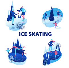 Ice skating isometric people illustration set, 3d vector winter sport family, christmas tree decorated, kids playing and riding skate, simple skater, skating rink, outdoor snow games, ui, ux design © Nadya_C