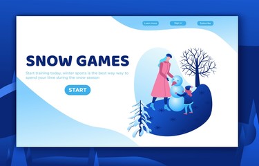 Mother with daughter making snowman, winter isometric people set, happy kid, 3d vector sport family playing, outdoor snow games, simple cartoon characters,