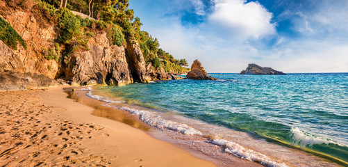 Attractive morning view of Platis Gialos Beach. Splendid summer seascape of Ionian Sea. Exciting...