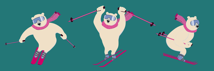Polar bear on an alpine ski slope. Сharming sporty and strong animal wears scarf and ski goggles, likes downhill skiing.  Set of vector ilustrations with character in flat style. Can be used as mascot