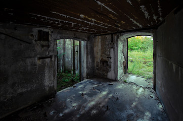 The interior of the old sea fort. Concrete side walls are available. In the doorways, green plants are visible on the street. Devastation. Background.