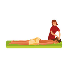Smiling masseur standing and making massage of head vector illustration