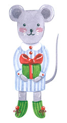 New Year cute mouse with present. Christmas hand drawn watercolor illustration
