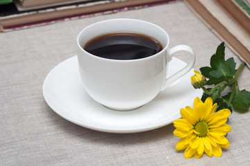 white mug with coffee. morning, breakfast, romantic.