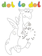 Funny cartoon dragon puts a coin into the piggy bank. Coloring book and dot to dot game for kids