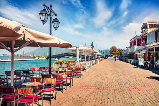 Attractive morning cityscape of Lefkada, capital of Lefkada island, Greece, Europe. Marvelous summer seascape of Ionian Sea. Traveling concept background.