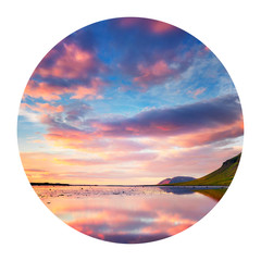 Round icon of nature with landscape. Colorful summer sunset in Grundarfjordur town. Evening scene...