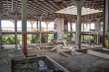 Krk, Croatia, July 12 2019: Abandoned and destructed luxury hotel Palace Haludovo in Malinska, Island of Krk, Croatia. In 1970's and 1980's it was the most exclusive hotel in Eastern Europe.
