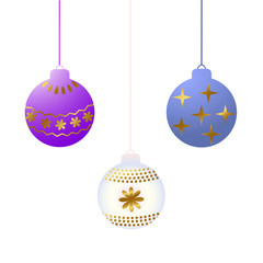 Christmas balls. Vector illustration Set of colored balls with a gold pattern. Isolated objects on a white background.