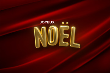 Merry Christmas. Joyeux Noel. Vector holiday illustration. Festive decoration of golden realistic 3d letters on dark red fabric background. Xmas composition. Festive banner design