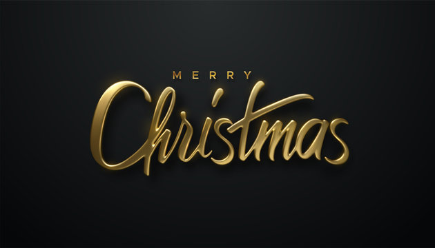 Holiday Christmas lettering. Vector 3d illustration of realistic golden sign. Calligraphic banner design. Winter festive event. Merry Christmas.