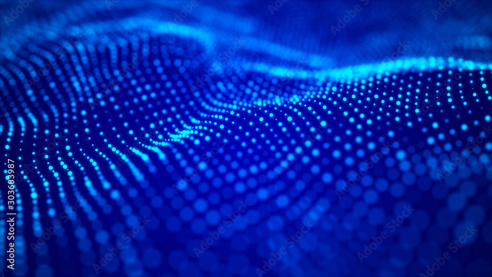 Poster Wave of particles. Futuristic blue dots background with a dynamic wave. Big data. 3d rendering.