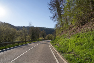 Fototapeta na wymiar Beautiful spring landscape with a road between trees, sunny day and blue sky in the German forest Schwarzwa