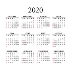 Calendar design for 2020 year. Vector EPS10.