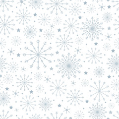 Seamless pattern with Cute snowflakes in different size with dot and stars on white background,Vector seamless for holiday wrapping paper,fabric, textile