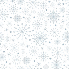 Seamless pattern with Cute snowflakes in different size with dot and stars on white background,Vector seamless for holiday wrapping paper,fabric, textile