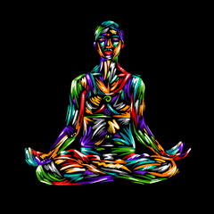 Detailed colorful meditation lotus position. silhouette yoga people illustration background. Fitness Concept. Gymnastics. Aerobics. Asanas.