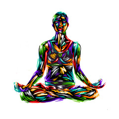 Detailed colorful meditation lotus position. silhouette yoga people illustration background. Fitness Concept. Gymnastics. Aerobics. Asanas.