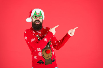 Time to celebrate. santa man party glasses. cheerful santa ready to celebrate xmas. time for christmas. hipster man reindeer on sweater. winter holiday. christmas shopping. happy new year. look here
