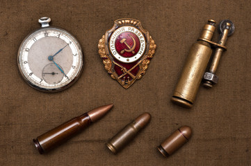 composition of Victory Day. Order, lighter, pocket watch, ammunition. 9 May.