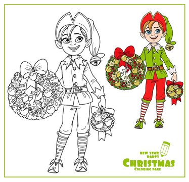 Cute boy elf Santa assistant holding Christmas wreath color and outlined for coloring page