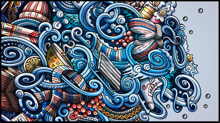 Winter hand drawn doodle banner. Cartoon detailed flyer.