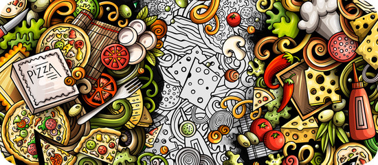 Pizza hand drawn doodle banner. Cartoon detailed flyer.