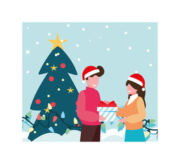 scene of couple with christmas tree and boxes gift