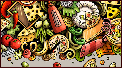 Pizza hand drawn doodle banner. Cartoon detailed flyer.