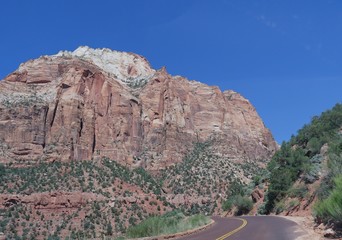 Close up of wall cliffs and layered rock formations at Zion National Park, Utah, USA.