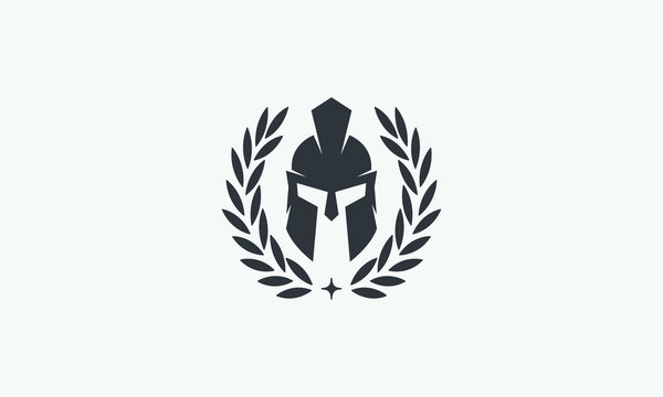 Wreath and helmet of the Spartan warrior symbol, emblem. Spartan helmet logo, illustration of spartan, Spartan Greek gladiator helmet armor flat vector icon