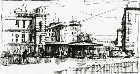 Old European city street hand drawn black and white illustration