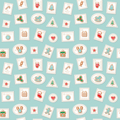 Christmas postage stamps seamless background. Colorful Gingerbread cookies. Traditional pattern for wrapping paper, winter holidays decor. Raster