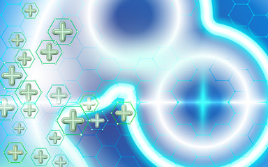Abstract background medical technology and science concept. Cross green abstract composition on blue. Technological hexagon pattern can be used for banner design. Healthy vector illustration.