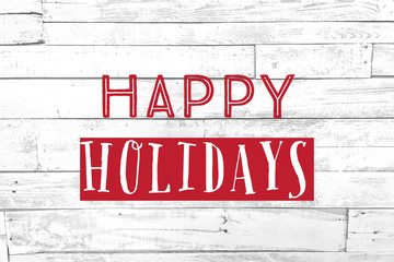 Happy Holidays in Red on White Shiplap Background