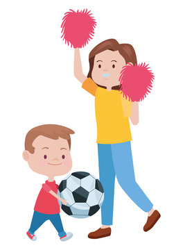 cute mother and son playing soccer and cheerleader