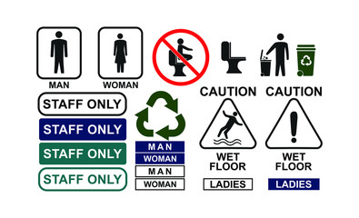 toilet and cleaning service symbol logo template vector icons set, boy or girl restroom, caution wet floor