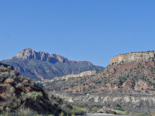 Dramatic landscape of cliffs and rock formations few miles south of Zion National Park, Utah.