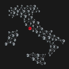 3d map of Italy, beautiful 3d molecular metal net of Italy shape perspective view.  capital Rome in red color. black background 3d illustration