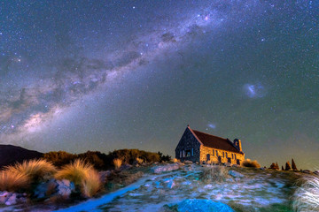 The Milky Way  Over Church of the Good Shepherd, Lake Tekapo, South Island New Zealand - obrazy, fototapety, plakaty