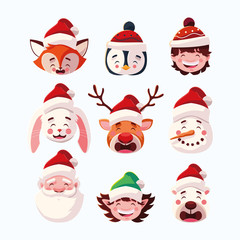 set of icons christmas with head santa claus and animals